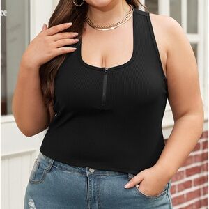 Plus Size Black Zipper‎ Front Racerback Ribbed Tank Top